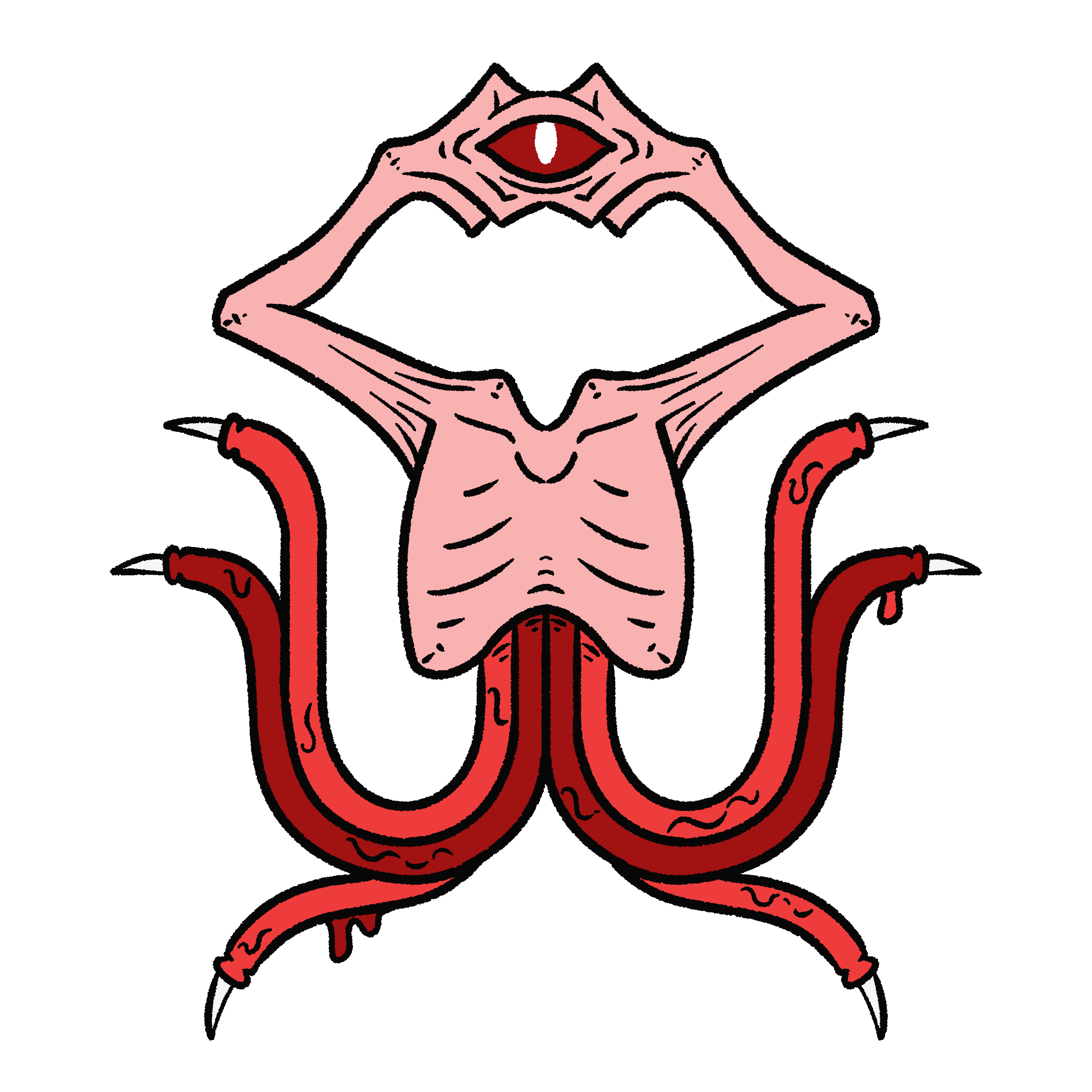 An illustration of a floating creature, its core resembling a headless human torso. Its arms are raised above, where its two 'hands' fuse together to form a red eye. Under the creature's ribcage sprout clawed intestines.